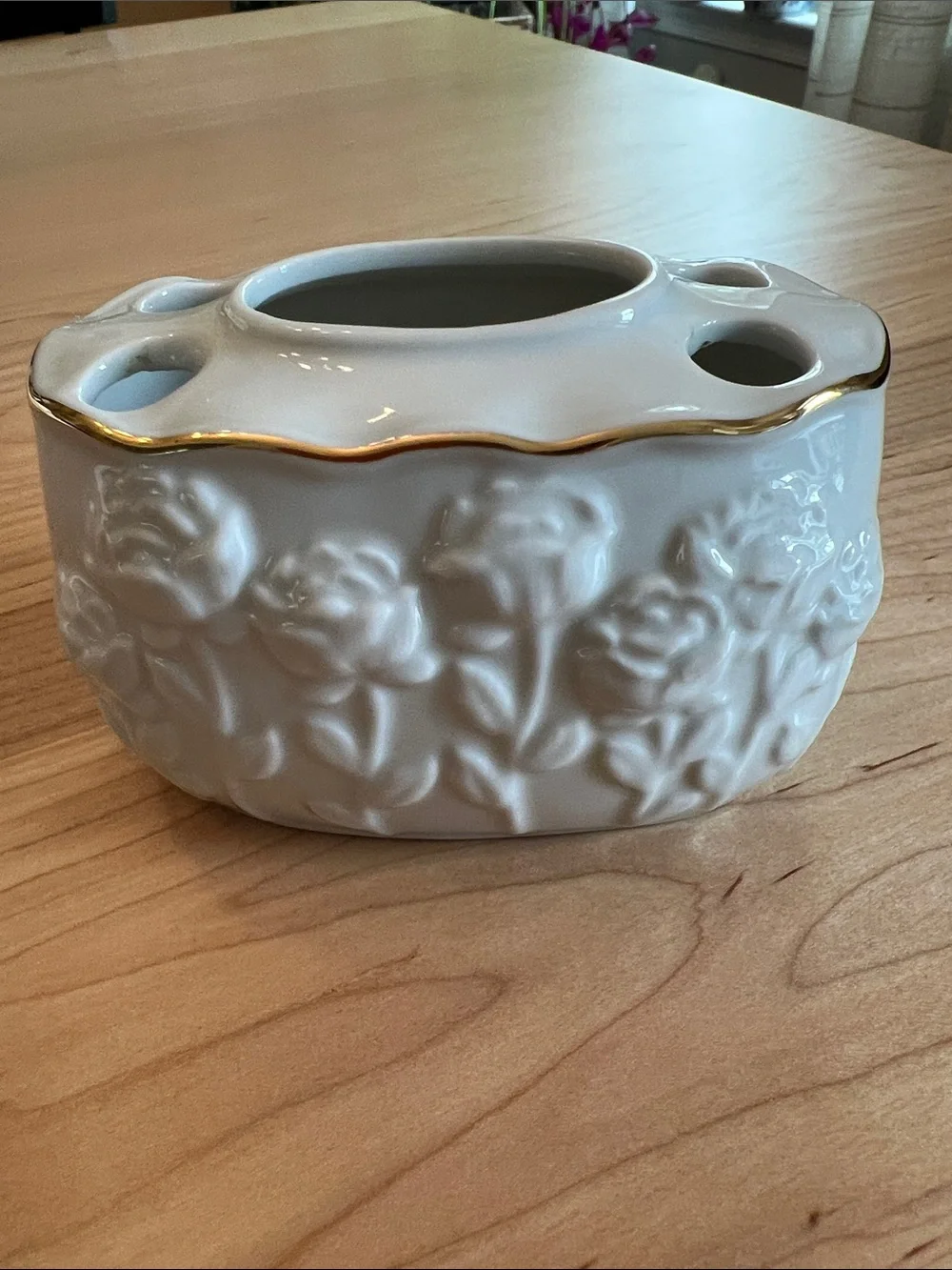 White Ceramic Floral Bud Vase with Gold Trim